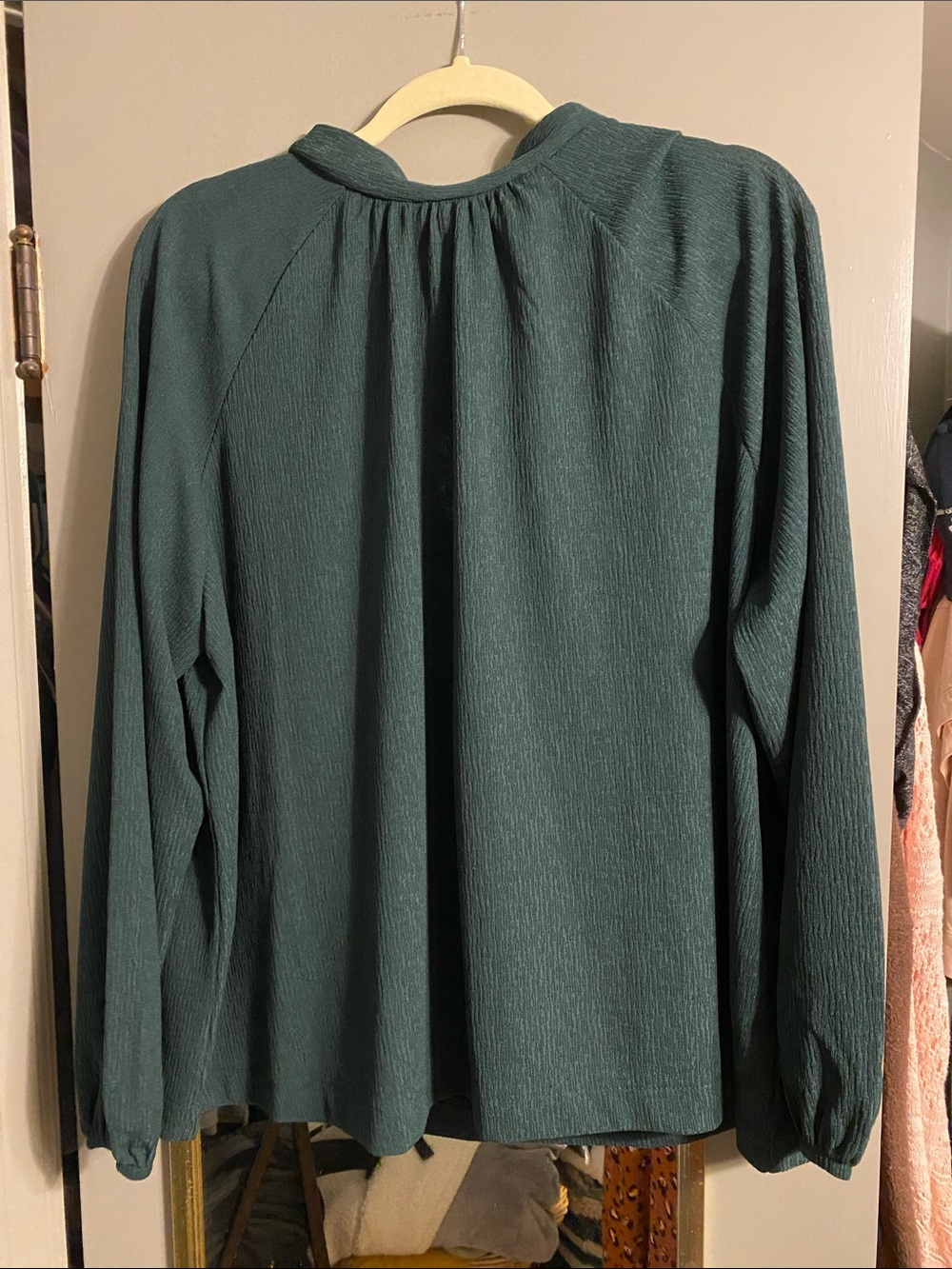 H&M Teal High-Neck Ribbed Long Sleeve Blouse with Tie